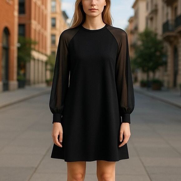 Calvin Klein Black Sheer Shoulder Long Sleeve Shift Dress Size 2 NWT - Picture 1 of 6